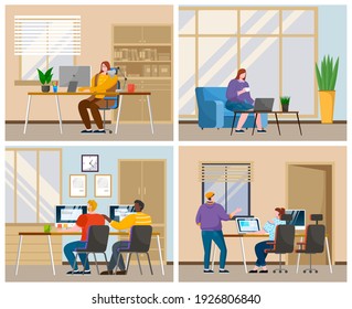 Business person working on computer scenes set. Businessman sitting behind the office desk with a laptop. Young male programmer and female clerk working at monoblock, friendly office environment
