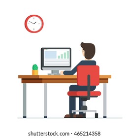 Business person working on computer. Businessman sitting on a red chair behind the office Desk with a cactus, wall clock. Cool vector flat illustration character design isolated on white background