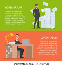 Business person working on computer. Business documents and a pile of papers. Cartoon poster vector illustration. Banners for your web design in business style set. Template for your text.