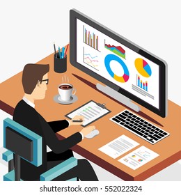 Business person working on computer. Business analyst, business growth concept. Modern isometric illustration for Web Banner , Website Element , Brochures , or Book cover