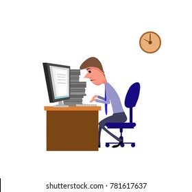 Business person working on computer. Businessman sitting on a red chair behind the office Desk with a cactus, wall clock. Cool vector flat illustration character design isolated on white background