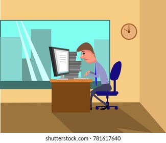 Business person working on computer. Businessman sitting on a red chair behind the office Desk with a cactus, wall clock. Cool vector flat illustration character design isolated on white background