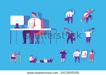 Business person working on computer. Businessman sitting on a red chair in office. Business people flat vector set
