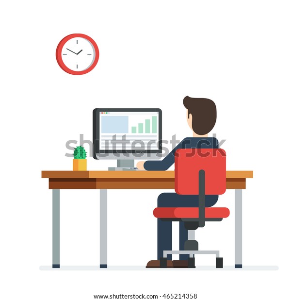 コンピューターで働く実業家 オフィスの机の後ろの赤い椅子に座っている実業家 サボテンと壁掛け時計 白い背景にクールなベクター画像の平らなイラストの文字デザイン のベクター画像素材 ロイヤリティフリー