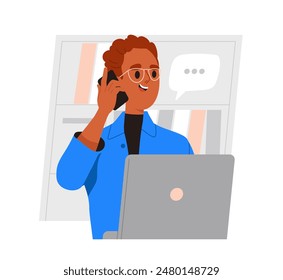 Business person working on laptop. Happy man with phone and pc. Freelacer and remote worker. Businessman with distant negotiations. Cartoon flat vector illustration isolated on white background