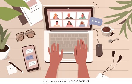 Business Person working Remote at Home and using Laptop for Video Meeting with Colleagues. People Characters Talking Online. Video Conference Concept. Flat Cartoon Vector Illustration. 