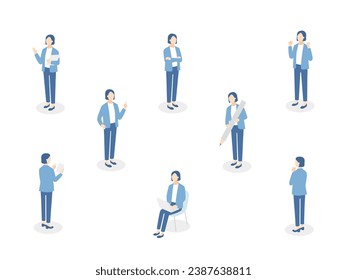 Business person working. Smartphone and computer work. Thinking, inspiration, motivation. Isometric illustration set.