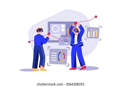 Business person working using VR Tech Illustration concept. Flat illustration isolated on white background.