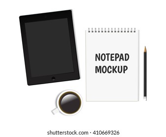 Business person workplace with blank notepad, tablet, cup of coffee and pencil. Business or education concept, mockup. Vector, EPS10