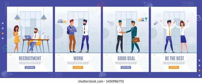 Business And Personal Development Mobile Landing Pages Set. Social Media Stories Ecommerce Kit. Recruitment, Work, Good Deal And Be Best Motivation. Vector Flat Office People Characters Illustration