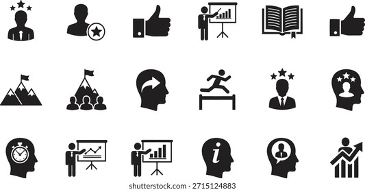 Iconos vectoriales de desarrollo empresarial y personal que ilustran los conceptos de crecimiento del logro de metas