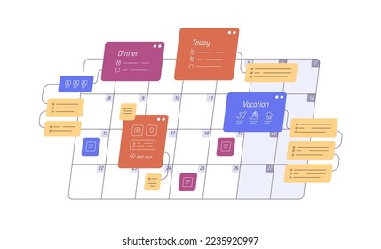 Business and personal planning concept. Month calendar, daily planner, timetable with work and vacation tasks, reminders. Schedule, time table. Flat vector illustration isolated on white background