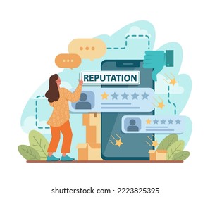 Business and personal reputation. Building and improving relationship with people and improving customer loyalty. Online identity management. Flat vector illustration