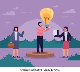 business persons with bulb light characters