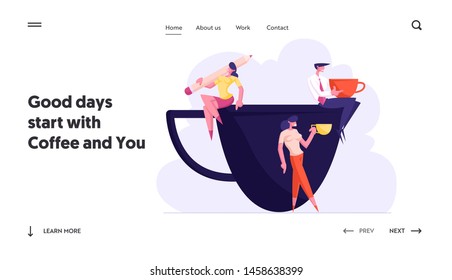 Business Persons Coffee Break in Meeting Room. Relaxing People Sit on Huge Cup Drinking Beverages, Friendly Conversation. Website Landing Page, Web Page. Cartoon Flat Vector Illustration, Banner