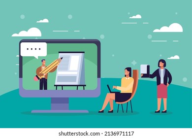 business persons with desktop characters
