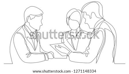 business persons discussing working contract - one line drawing