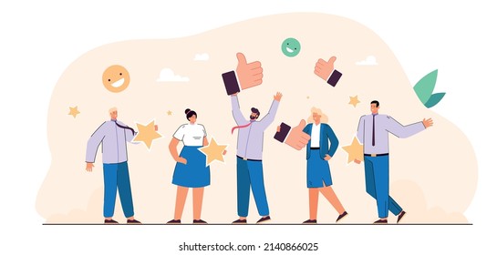 Business persons giving positive review or feedback. Client satisfaction survey, top quality flat vector illustration. Customer support or service, success concept for banner or landing web page