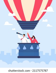 Business persons in hot air balloon searching for employees. Happy creative people finding work or vacancy flat vector illustration. Hiring, job search or hunting concept for banner, landing web page