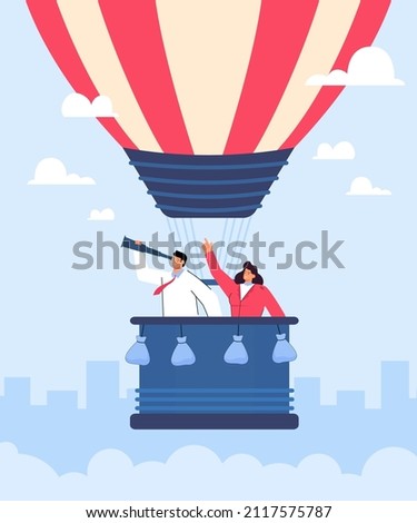 Business persons in hot air balloon searching for employees. Happy creative people finding work or vacancy flat vector illustration. Hiring, job search or hunting concept for banner, landing web page