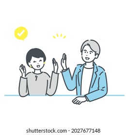 Business person's illustration of high-five during meeting. vector.