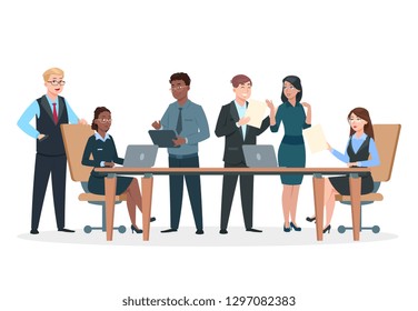 Business persons in office. Flat characters, professional men women work at table and computers. Success business team vector concept