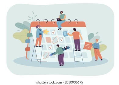 Business persons planning meeting schedule using huge calendar. Office people or students managing work, posting social media content flat vector illustration. Time management, education, job concept