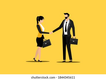 Business persons  shaking hands on Purple background. Cooperation, business partner and agreement concept. Template for banner, website and infographics. Flat vector illustration 