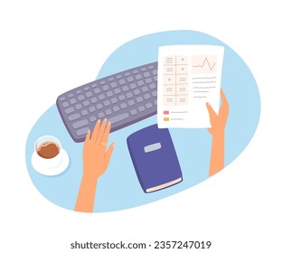 Business persons workspace vector illustration. Cartoon isolated top view on workplace with computer keyboard, coffee cup and notebook, hand holding accounting document with statistics research