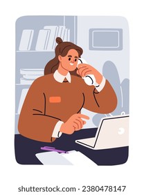 Business phone call. Woman employee sitting at office table, talking on telephone. Female worker speaking, holding headset in hand, works at laptop computer at workplace. Flat vector illustration