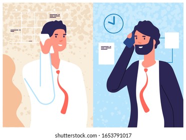 Conversación telefónica de negocios. Hombres hablando, call center y gerentes. Llamadas de información, consulta móvil para el cliente. Ilustración vectorial de diálogo masculino