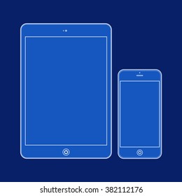 Business Phone and Tablet with blank screens on blue background.  Illustration Similar To iPhone, iPad.