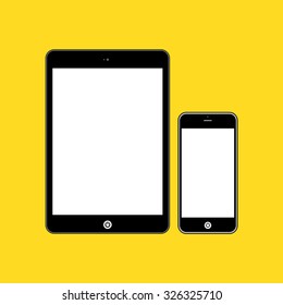  Business Phone and Tablet with blank white screens on yellow background. Illustration Similar To iPhone iPad.