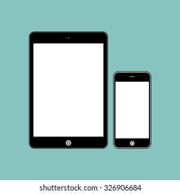  Business Phone and Tablet with blank white screens on green background.  Illustration Similar To iPhone iPad.