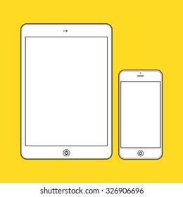  Business Phone and Tablet with blank white screens on yellow background.  Illustration Similar To iPhone iPad.