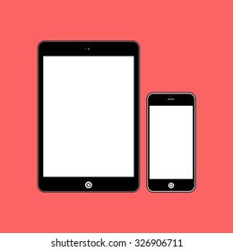  Business Phone and Tablet with blank white screens on red background.  Illustration Similar To iPhone iPad.