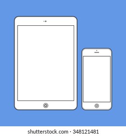 Business Phone and Tablet with blank white screens on blue background.  Illustration Similar To iPhone iPad.