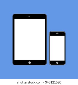 Business Phone and Tablet with blank white screens on blue background.  Illustration Similar To iPhone iPad.