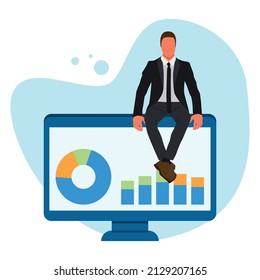 Business picture. Man and computer with charts. Vector illustration. Poster, flyer, banner, postcard.