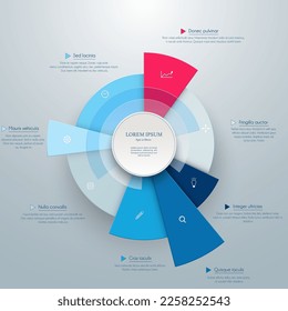 Business pie chart, diagram, graph in blue and red colors, 3D vector illustration for your documents, reports, presentations and infographic. Text and symbols can be replaced.