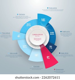 Business pie chart, diagram, graph in blue and red colours, 3D vector illustration for Your documents, visualisation reports, presentations and infographic.