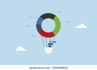 Business pie chart forecast, entrepreneur gazes through binoculars at pie chart illustration balloon. 
