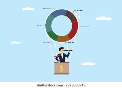 Business pie chart forecast, investment asset allocation, marketing diagram or statistical data, businessman looking through a telescope at a pie chart hot air balloon.