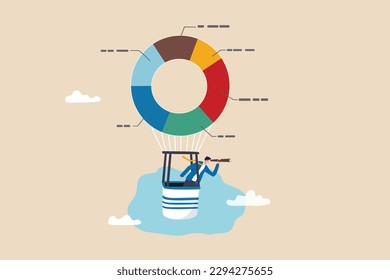 Pronóstico de gráfico circular de negocio, predicción o plan, asignación de activos de inversión, datos de diagrama de marketing o estadísticas, concepto de investigación, mirada de los empresarios a través del telescopio en globo de diagrama circular.