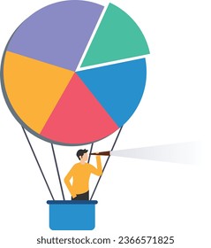 Business pie chart forecast, Prediction or plan, investment asset allocation, Marketing diagram or statistics data, Look through telescope on pie chart balloon

