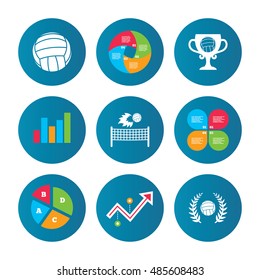 Business pie chart. Growth curve. Presentation buttons. Volleyball and net icons. Winner award cup and laurel wreath symbols. Beach sport symbol. Data analysis. Vector