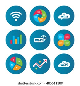 Business pie chart. Growth curve. Presentation buttons. Free Wifi Wireless Network cloud speech bubble icons. Wi-fi zone sign symbols. Data analysis. Vector