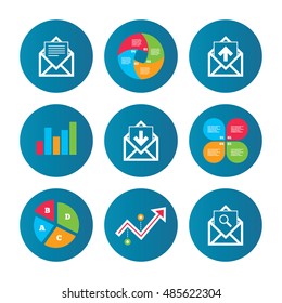Business pie chart. Growth curve. Presentation buttons. Mail envelope icons. Find message document symbol. Post office letter signs. Inbox and outbox message icons. Data analysis. Vector