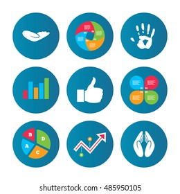 Business pie chart. Growth curve. Presentation buttons. Hand icons. Like thumb up symbol. Insurance protection sign. Human helping donation hand. Prayer hands. Data analysis. Vector