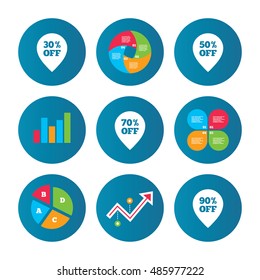 Business pie chart. Growth curve. Presentation buttons. Sale pointer tag icons. Discount special offer symbols. 30%, 50%, 70% and 90% percent off signs. Data analysis. Vector